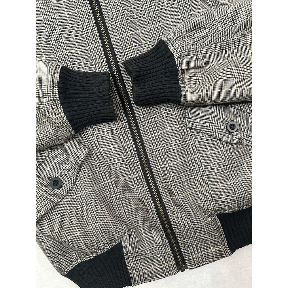 Zara Man Large Gray Black Glen Check Bomber Jacket 100% Cotton Harrington Plaid - Picture 2 of 8